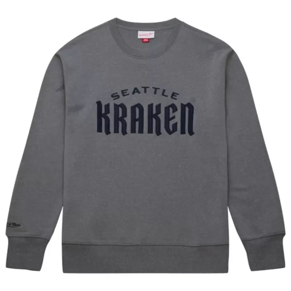 Men Mitchell & Ness Hoodies & Sweatshirts-Snow Washed Fleece Crew Current Logo Seattle Kraken