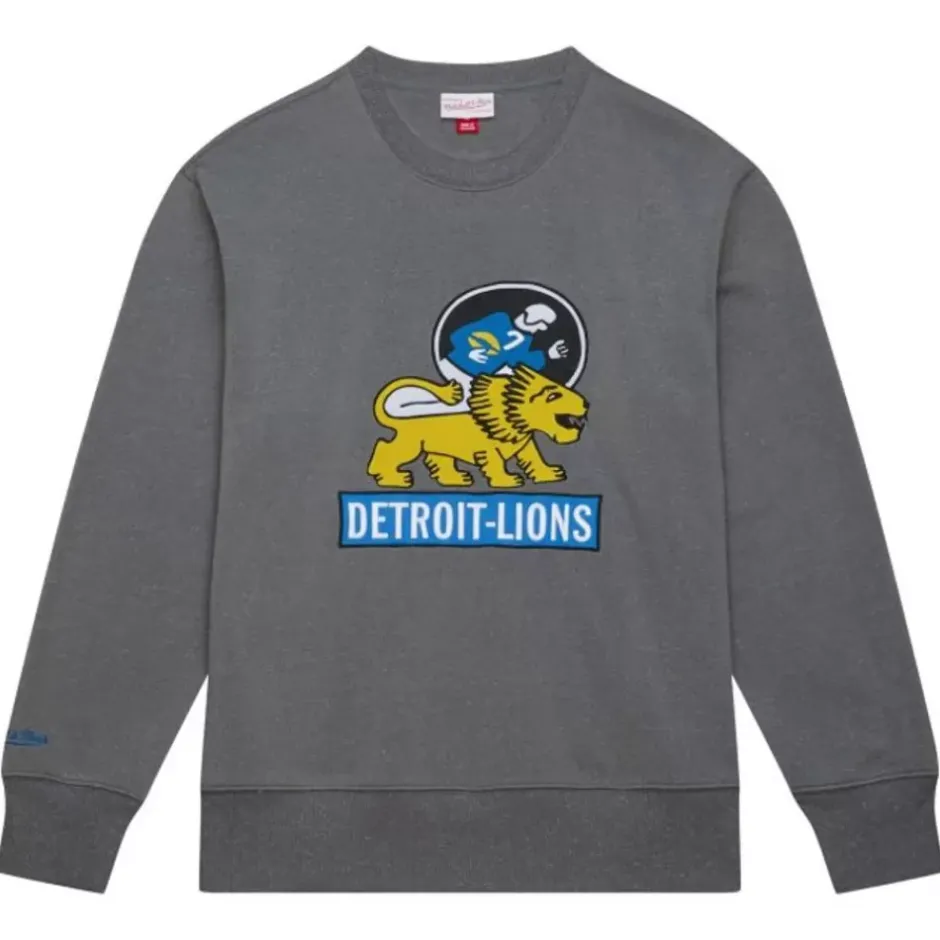 Men Mitchell & Ness Hoodies & Sweatshirts-Snow Washed Fleece Crew Detroit Lions