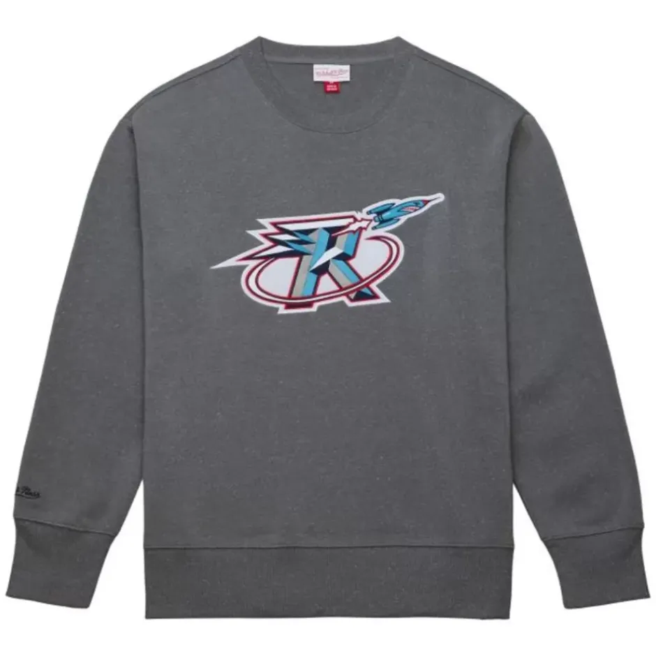 Men Mitchell & Ness Hoodies & Sweatshirts-Snow Washed Fleece Crew Houston Rockets