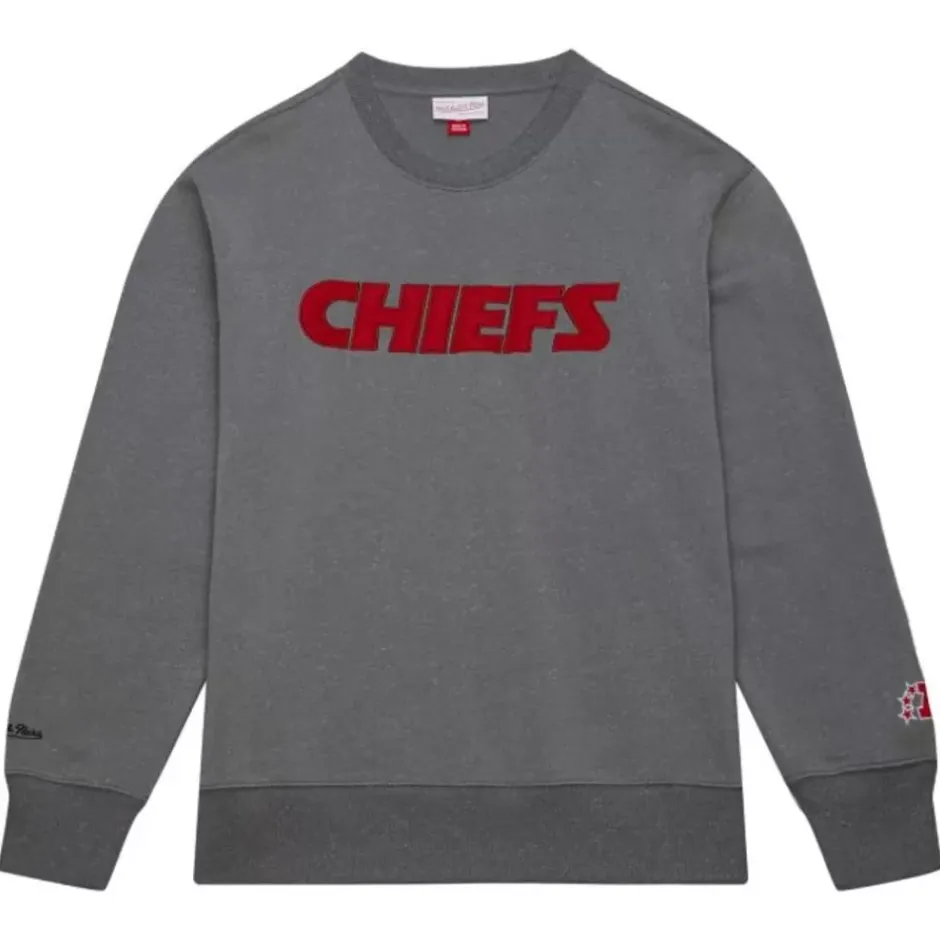 Men Mitchell & Ness Hoodies & Sweatshirts-Snow Washed Fleece Crew Kansas City Chiefs