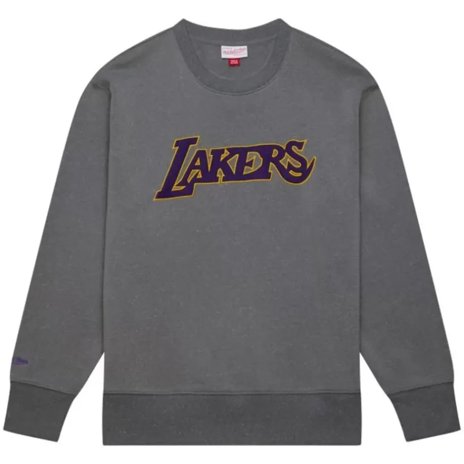 Men Mitchell & Ness Hoodies & Sweatshirts-Snow Washed Fleece Crew Los Angeles Lakers