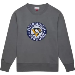 Men Mitchell & Ness Hoodies & Sweatshirts-Snow Washed Fleece Crew Pittsburgh Penguins