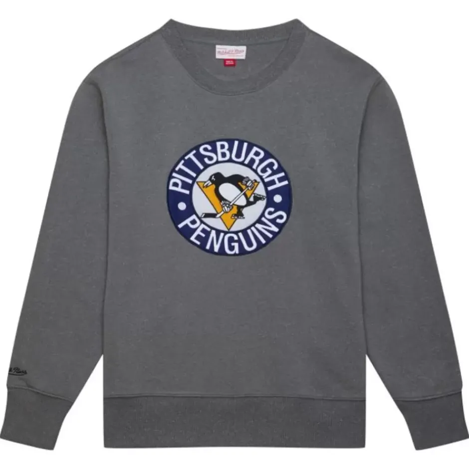 Men Mitchell & Ness Hoodies & Sweatshirts-Snow Washed Fleece Crew Pittsburgh Penguins