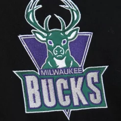 Men Mitchell & Ness Hoodies & Sweatshirts-Team First Satin Fleece Crew Milwaukee Bucks