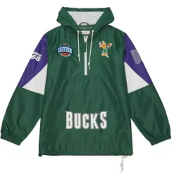 Men Mitchell & Ness Jackets & Outerwear-Team Origins Pullover Anorak Milwaukee Bucks