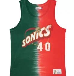 Men Mitchell & Ness T-Shirts & Tops-Tie Dye Cotton N&N Tank Seattle Supersonics Shawn Kemp