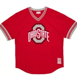 Men Mitchell & Ness T-Shirts & Tops-Unbeaten Mesh V-Neck Ohio State