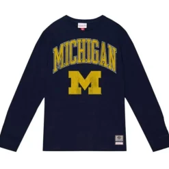 Men Mitchell & Ness T-Shirts & Tops-University Arch Logo Ls Tee University Of Michigan