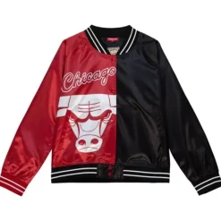 Woman Mitchell & Ness Jackets & Outerwear-Womens Big Face Satin Jacket 5.0 Chicago Bulls