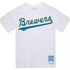 Men Mitchell & Ness T-Shirts & Tops-Wordmark 2 Tee Milwaukee Brewers